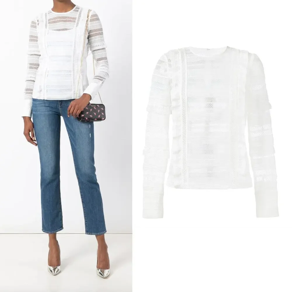 Self-Portrait White Lace Panel Long Sleeve Blouse Designer Top US 6